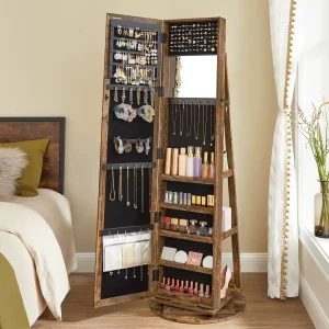 Armoire à bijoux sur pied avec miroir psyché et rangements bois rustique