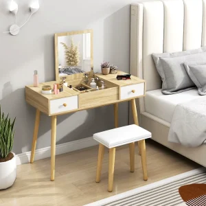 Coiffeuse Meuble Scandinave avec Miroir Rabattable et Tabouret