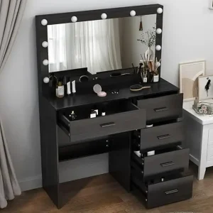 Coiffeuse Noire avec Miroir LED Hollywood - 5 Tiroirs