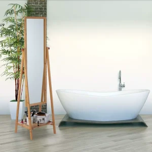 Miroir Bambou Sur Pied 159,5 cm – Inclinable avec Étagère de Rangement