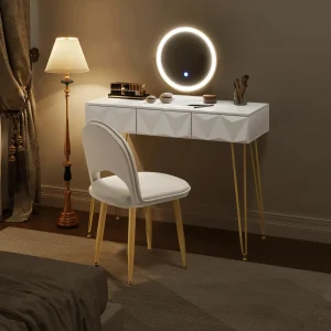 Miroir Coiffeuse Meuble LED avec Rangement et Miroir Rotatif