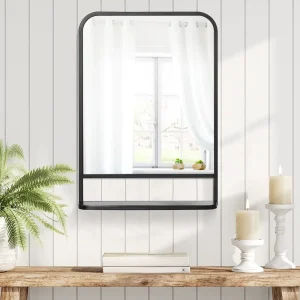 Miroir métal noir avec étagère – Design moderne et pratique