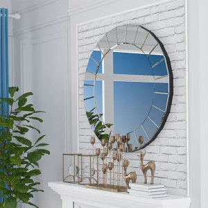 Grand Miroir Rond Design 80 cm – Bordure Miroir Facetté, Déco Murale Moderne