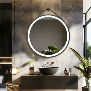 Miroir Rond Lumineux Salle de Bain LED 70 cm – Cadre Noir Sangle Cuir