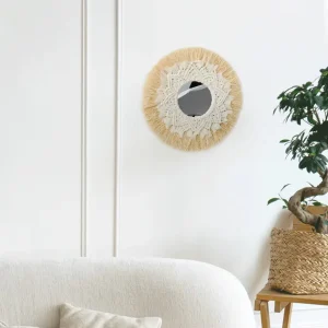 Miroir Rond Raphia 35 cm avec Tissage Macramé Bohème