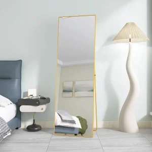 Miroir Sur Pied Rectangulaire Doré – Design Moderne et Verre Renforcé